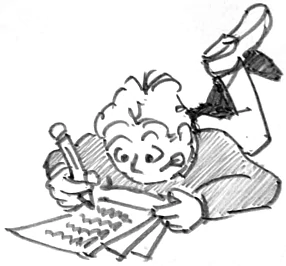 Drawing of a child lying on the floor writing with a pencil
