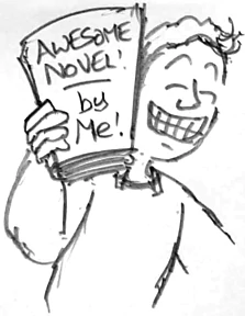 Drawing of someone holding their book called 'Awesome Novel - by Me'